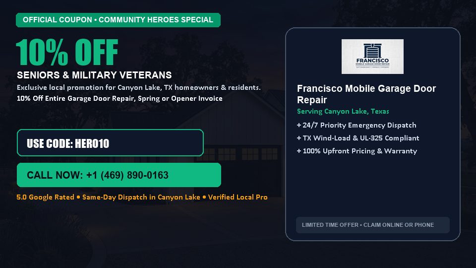 Francisco Mobile Garage Door Repair 10% OFF Seniors & Military Veterans in Canyon Lake, TX